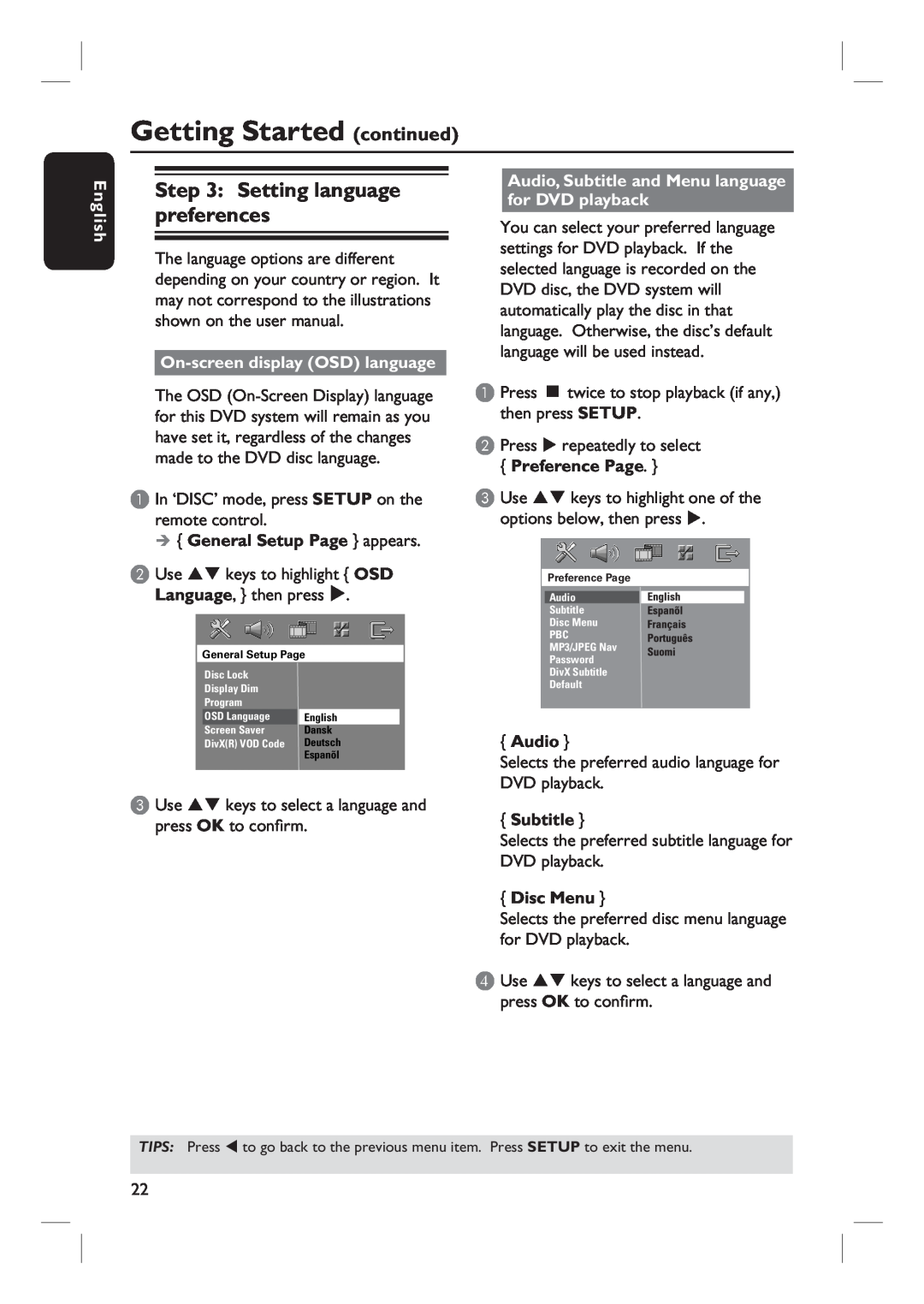 Philips HTS6500 Getting Started continued, Setting language preferences, English, On-screendisplay OSD language, Audio 