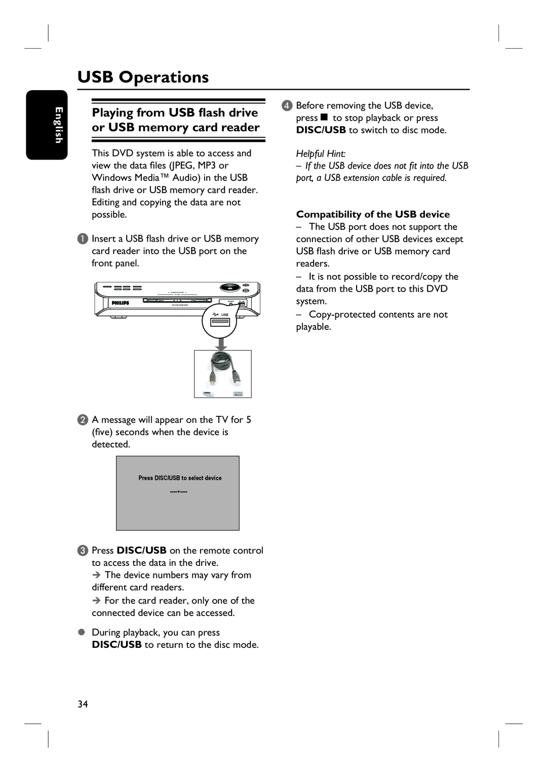 Philips HTS6500 user manual USB Operations, English, Helpful Hint, Compatibility of the USB device 