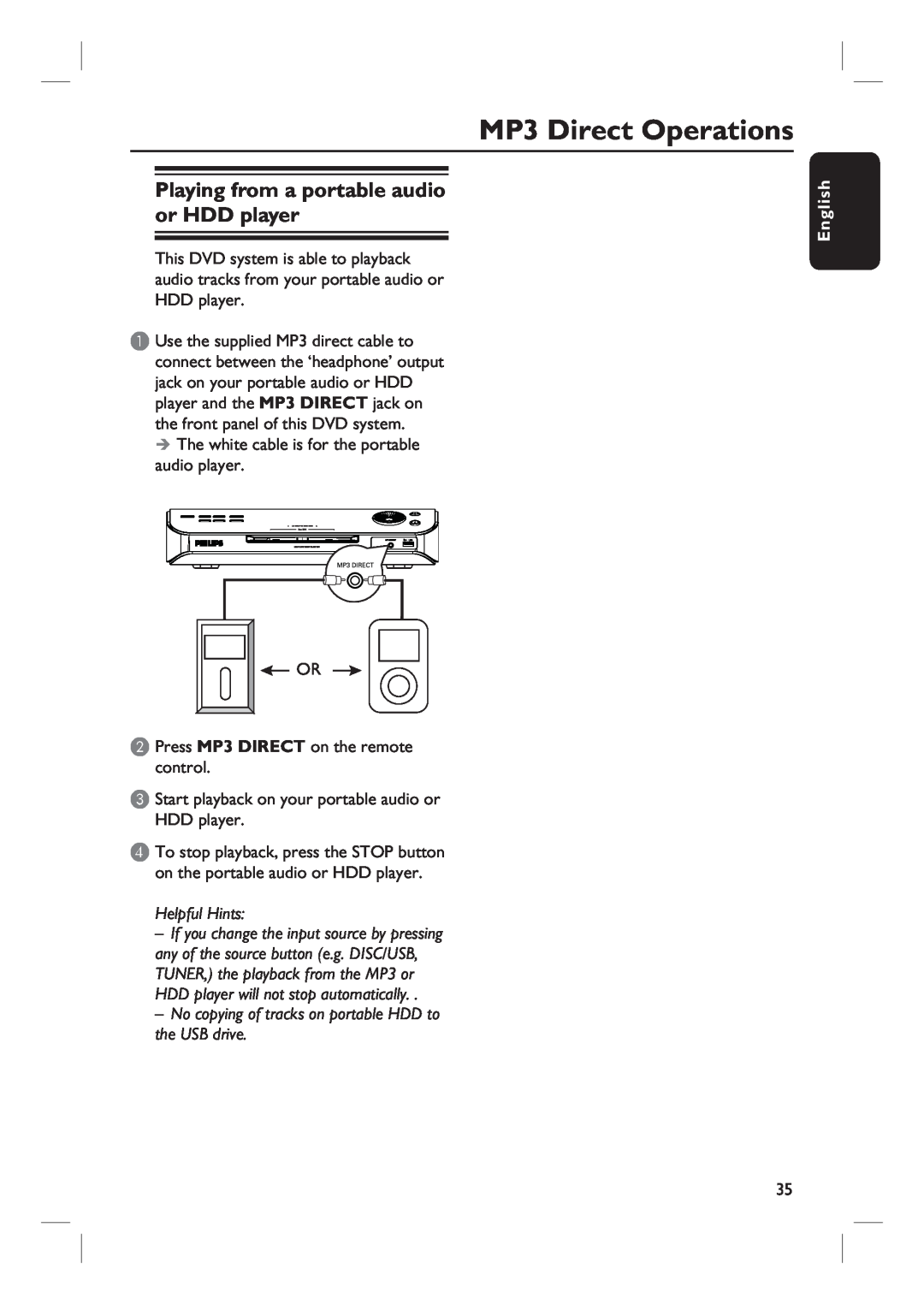 Philips HTS6500 user manual MP3 Direct Operations, Playing from a portable audio or HDD player, Helpful Hints, English 