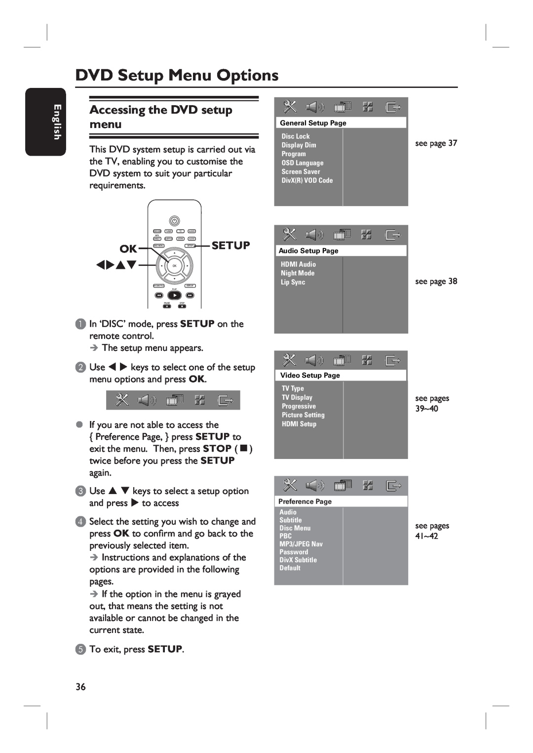 Philips HTS6500 user manual DVD Setup Menu Options, Accessing the DVD setup menu, Oksetup, English 