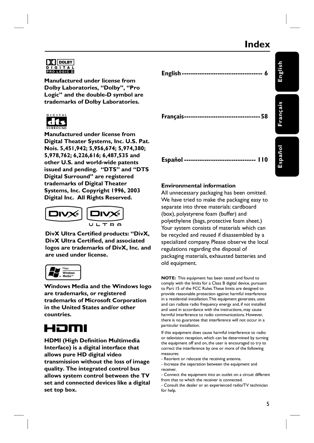 Philips HTS6500 user manual Index, English, Environmental information, Español Français 