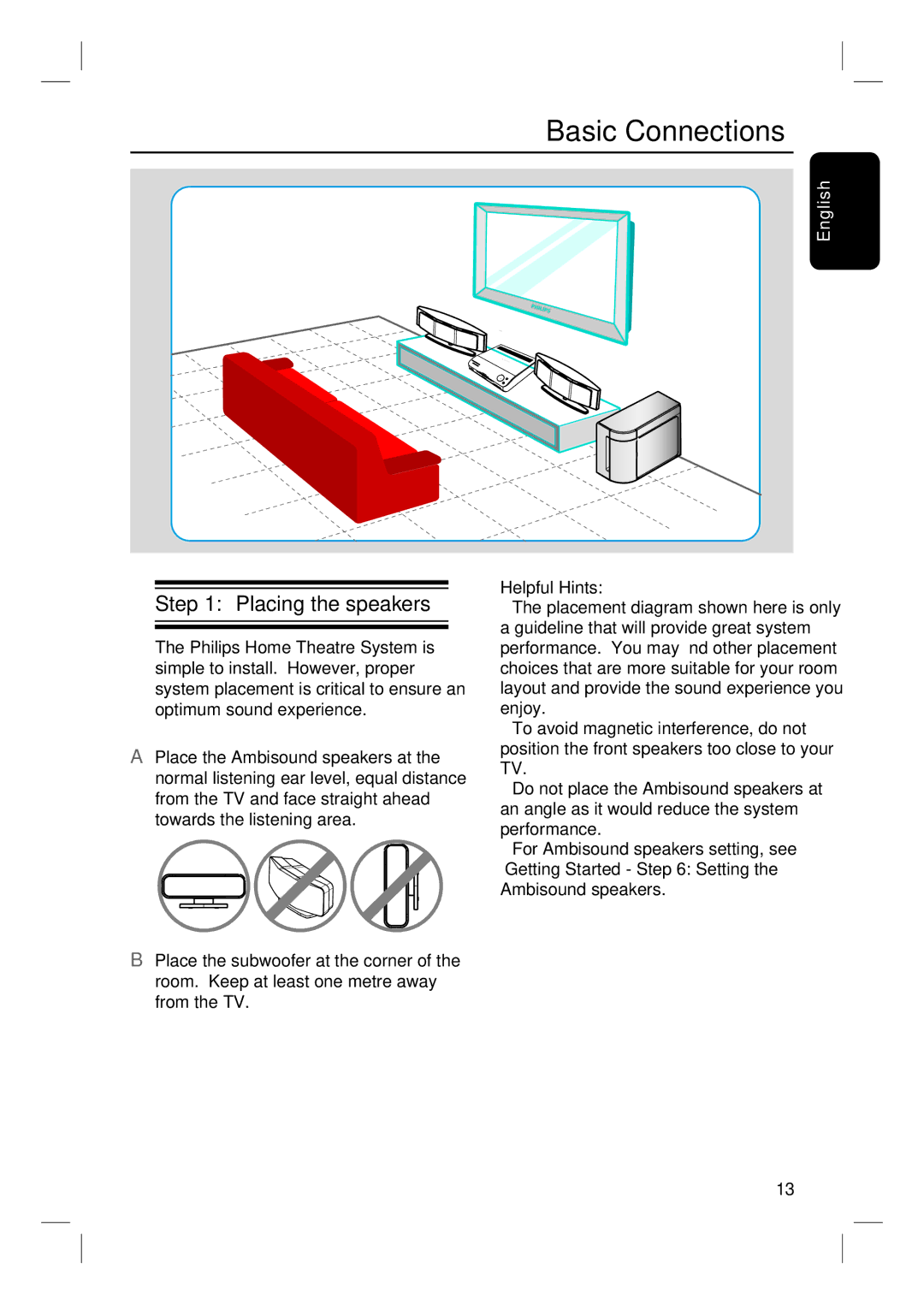 Philips HTS6510 user manual Basic Connections, Placing the speakers 