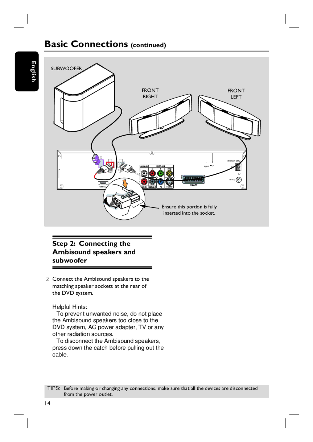 Philips HTS6510 user manual Connecting the Ambisound speakers and subwoofer, Subwoofer Front Right 