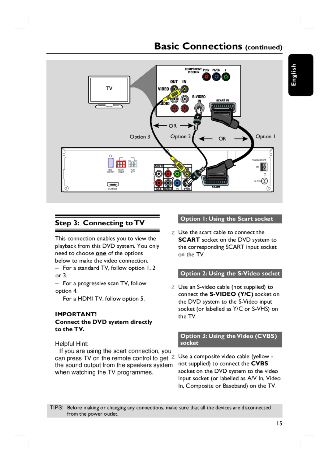 Philips HTS6510 user manual Connecting to TV, Connect the DVD system directly to the TV, Option 1 Using the Scart socket 