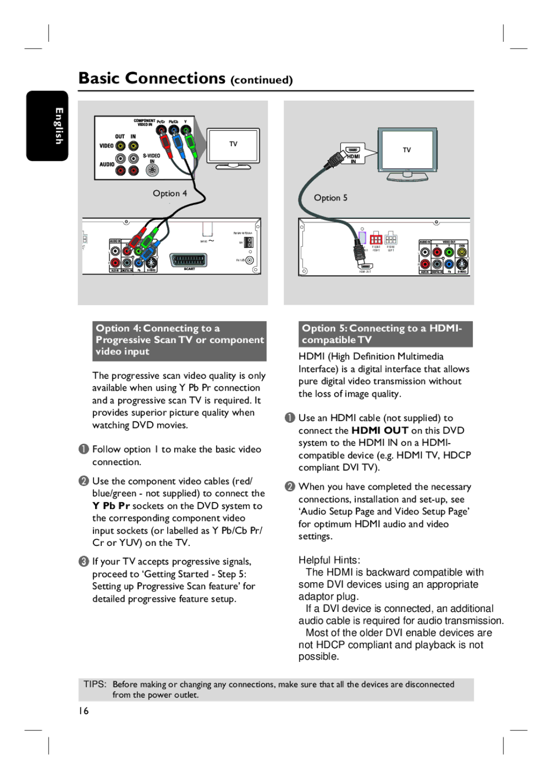 Philips HTS6510 Follow option 1 to make the basic video connection, Option 5 Connecting to a HDMI- compatible TV 