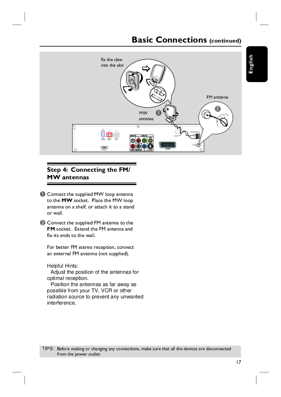 Philips HTS6510 user manual Connecting the FM MW antennas 