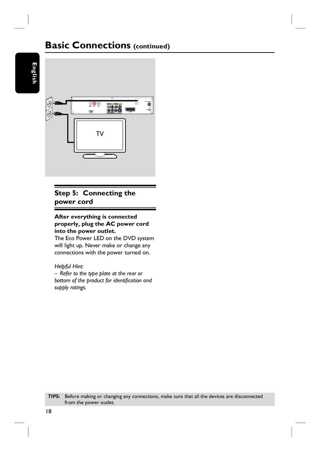 Philips HTS6510 user manual Connecting the power cord 