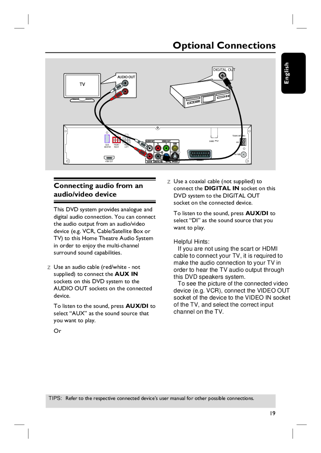 Philips HTS6510 user manual Optional Connections, Connecting audio from an audio/video device 