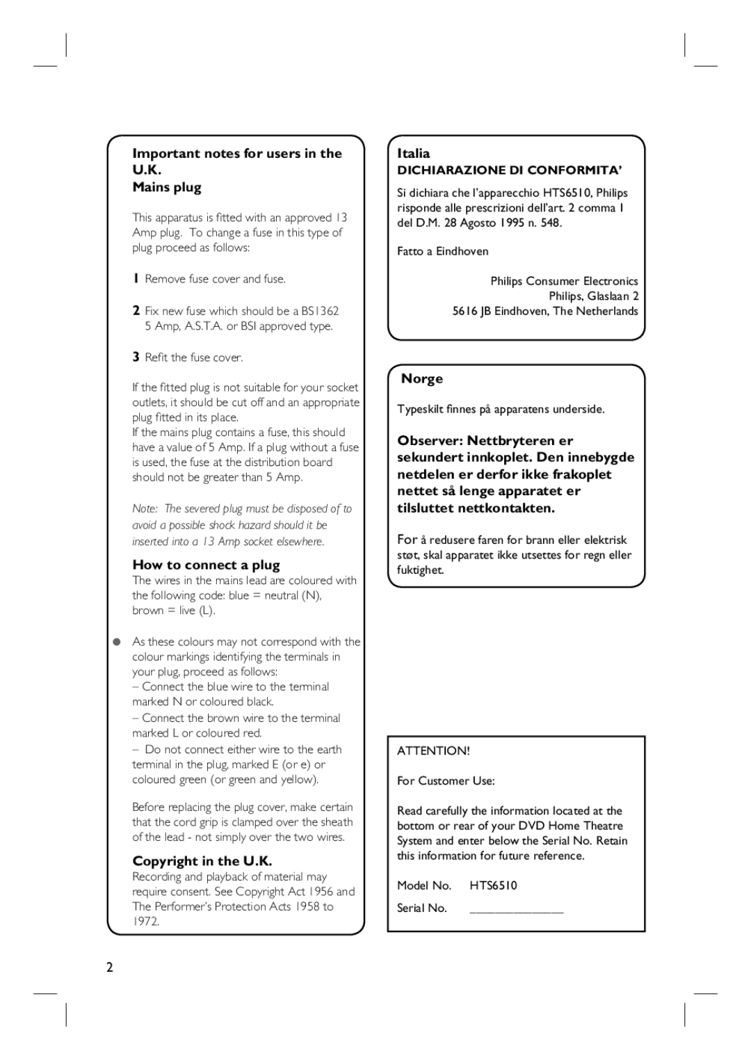 Philips HTS6510 Important notes for users in the U.K Mains plug, How to connect a plug, Copyright in the U.K, Italia 