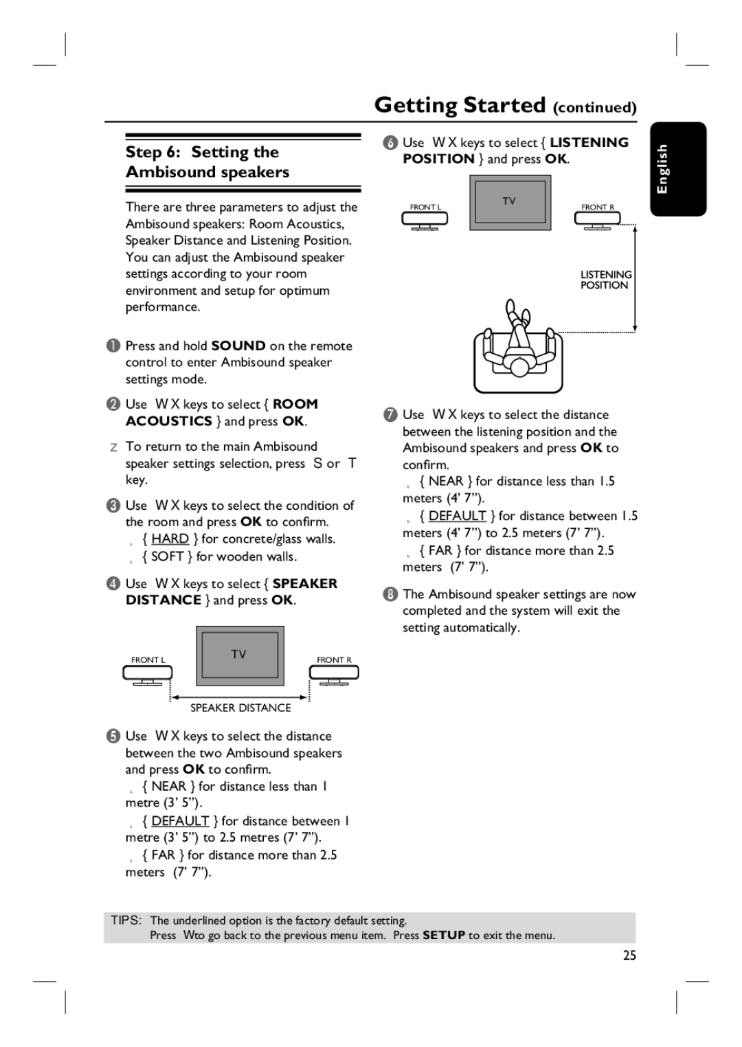 Philips HTS6510 user manual Setting Ambisound speakers, Hard for concrete/glass walls Soft for wooden walls 