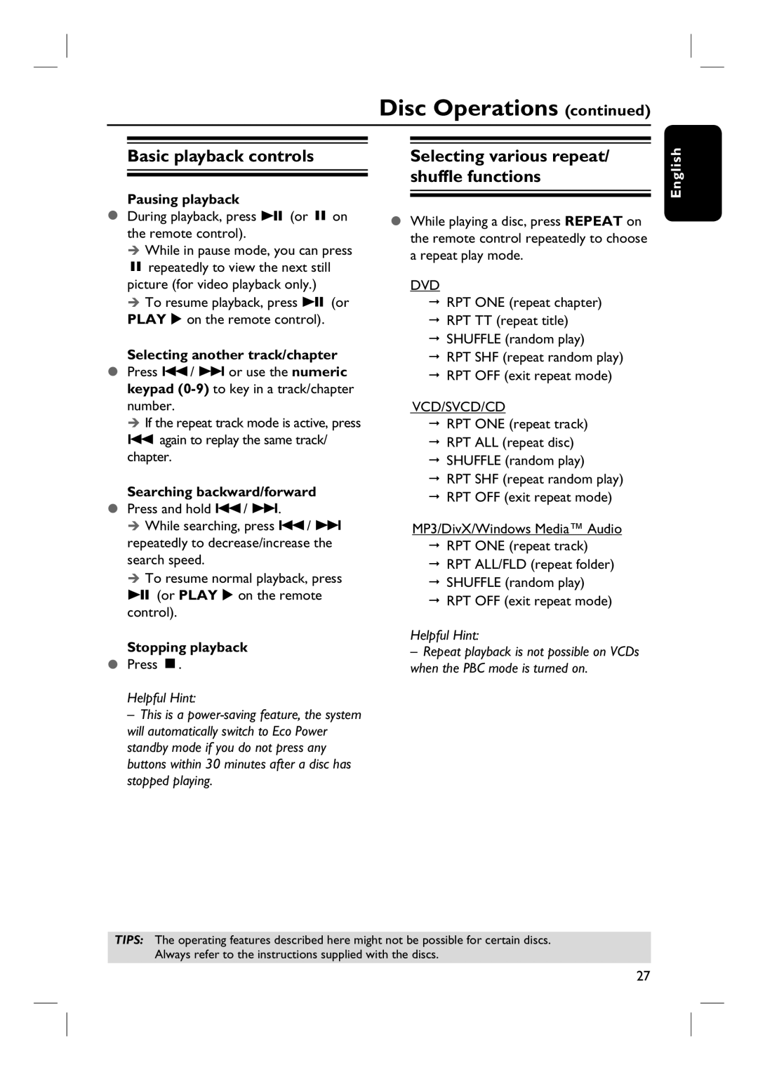 Philips HTS6510 Basic playback controls, Selecting various repeat/ shuffle functions, Pausing playback, Stopping playback 