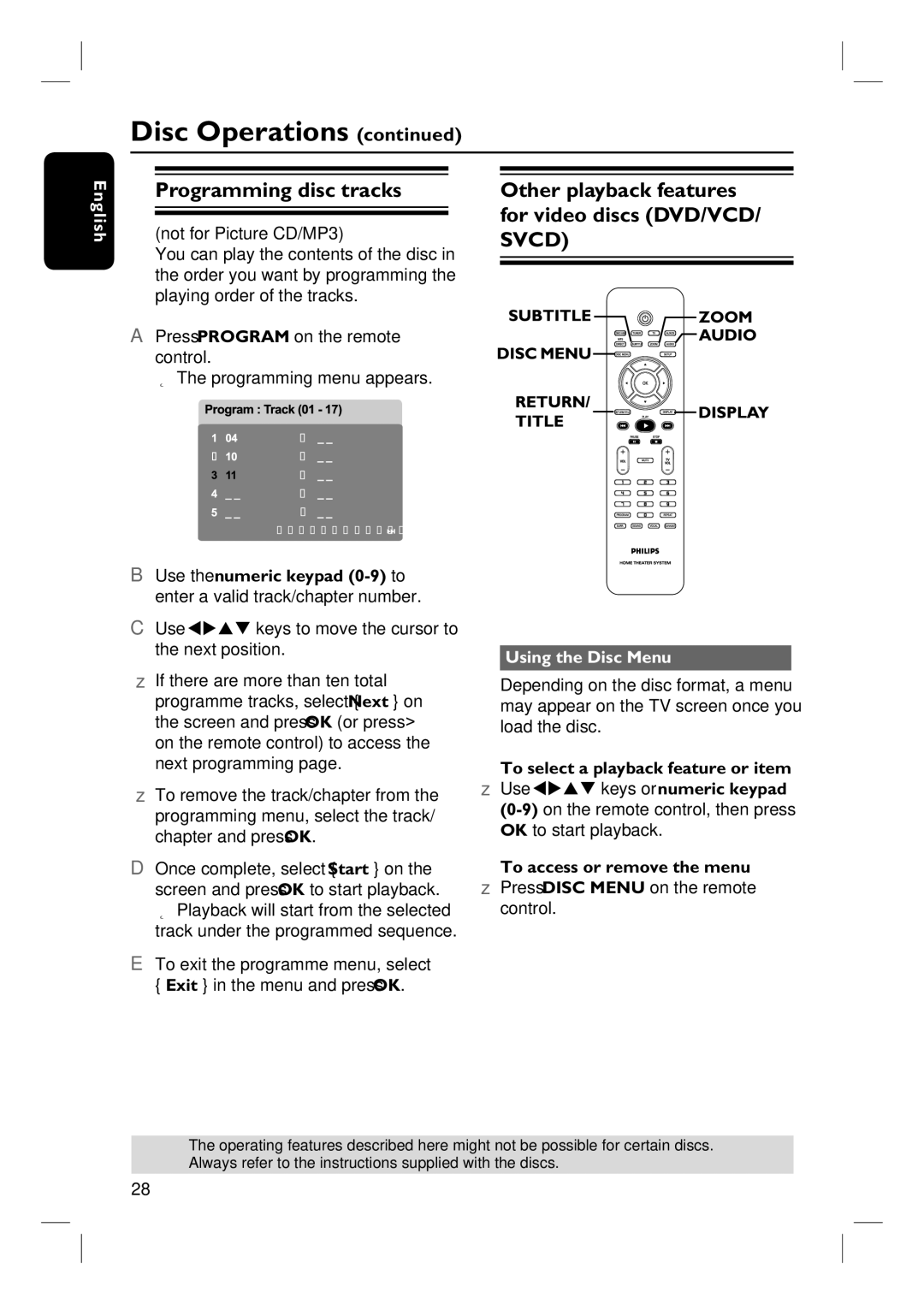 Philips HTS6510 Programming disc tracks, Other playback features for video discs DVD/VCD/ Svcd, Using the Disc Menu 