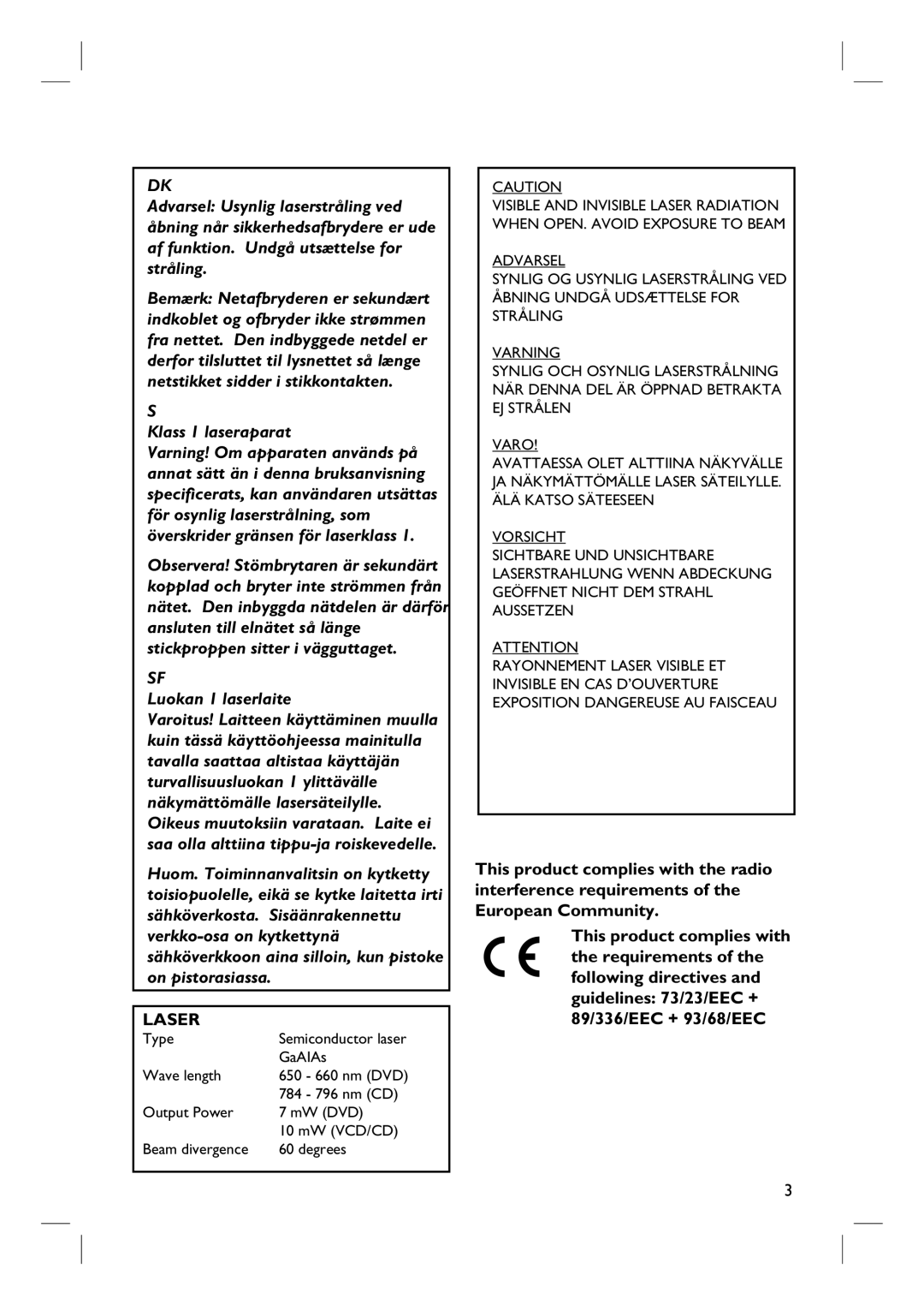 Philips HTS6510 user manual Klass 1 laseraparat, English 