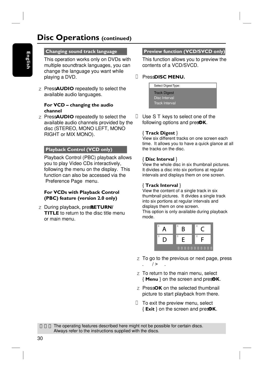 Philips HTS6510 English Changing sound track language, Playback Control VCD only, Preview function VCD/SVCD only 