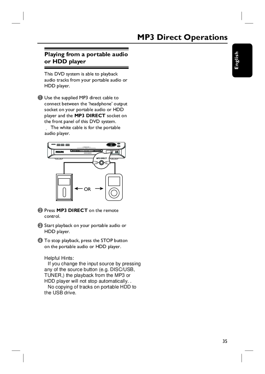 Philips HTS6510 user manual MP3 Direct Operations, Playing from a portable audio or HDD player 