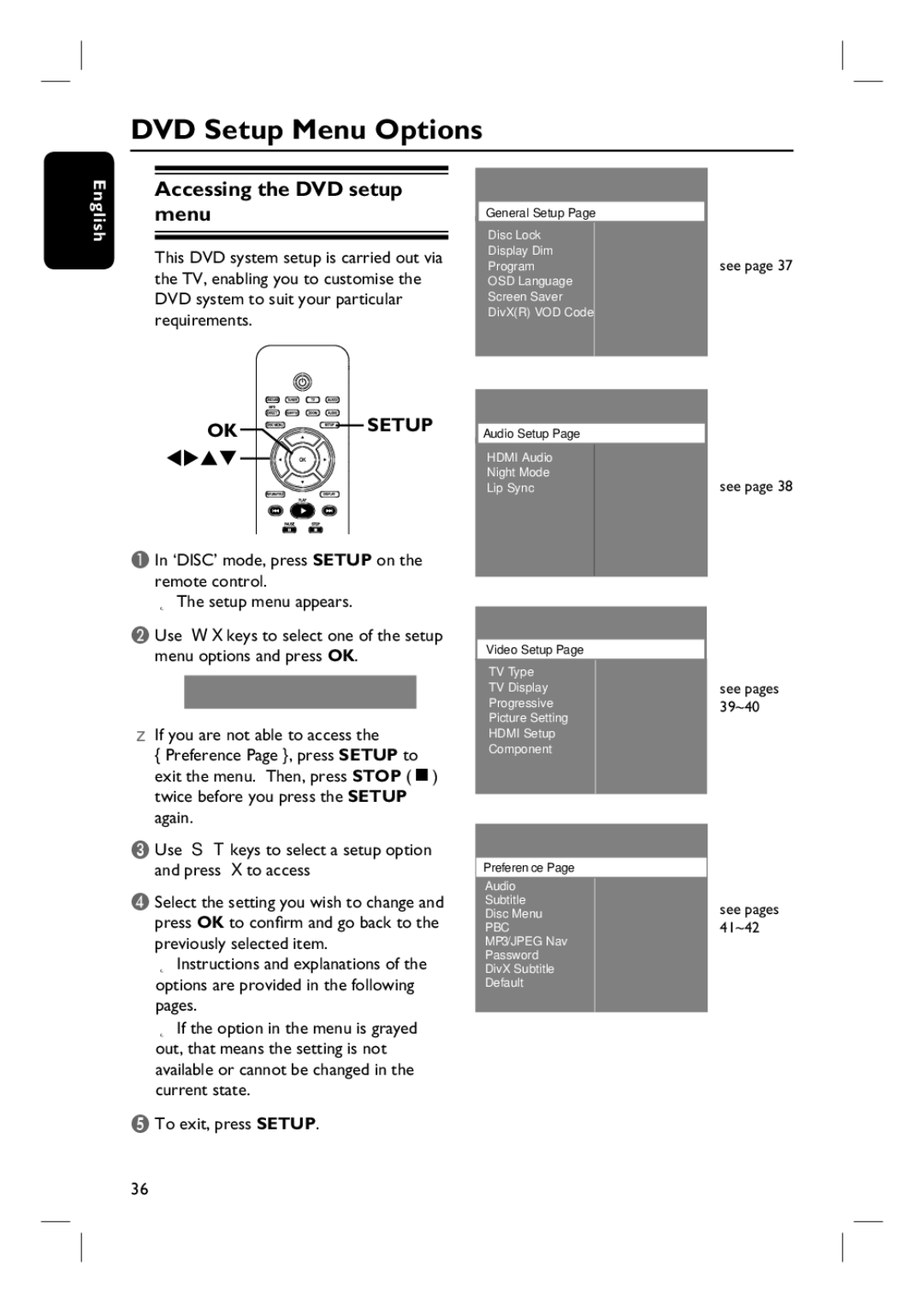 Philips HTS6510 user manual DVD Setup Menu Options, Accessing the DVD setup menu 