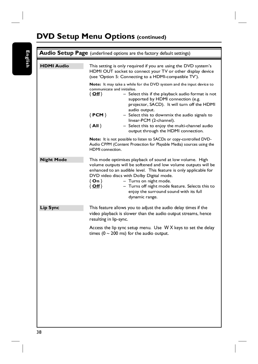 Philips HTS6510 user manual Lip Sync, Hdmi Audio 