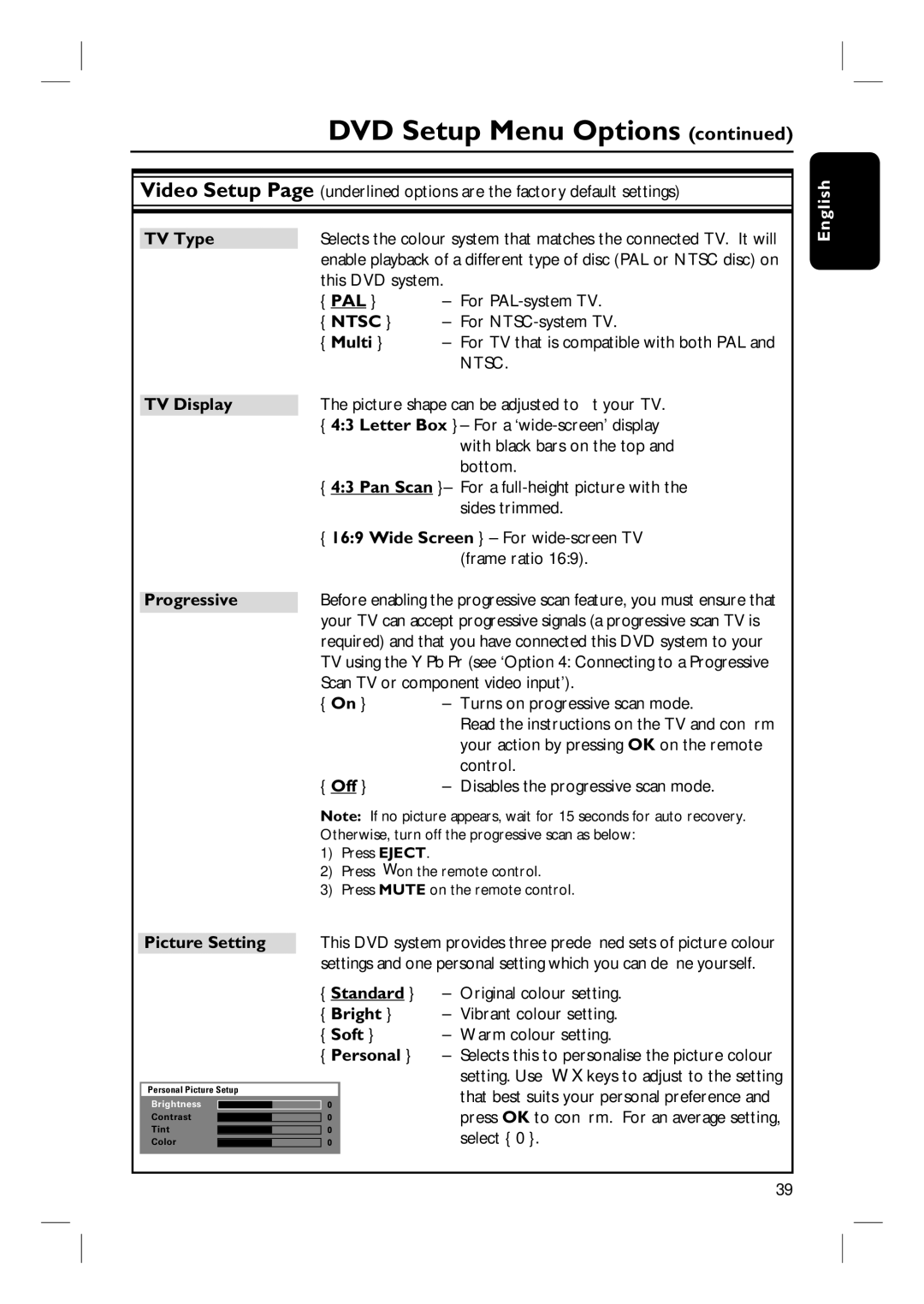 Philips HTS6510 user manual TV Type, TV Display, Pan Scan, Progressive, Picture Setting, Soft 