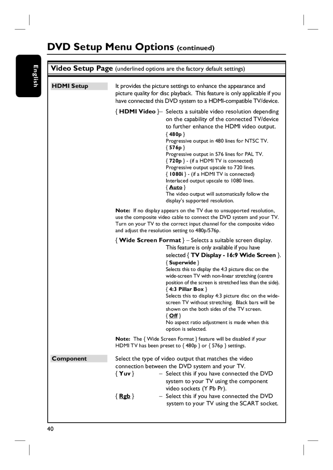 Philips HTS6510 user manual Hdmi Setup, Hdmi Video, Component, Yuv 