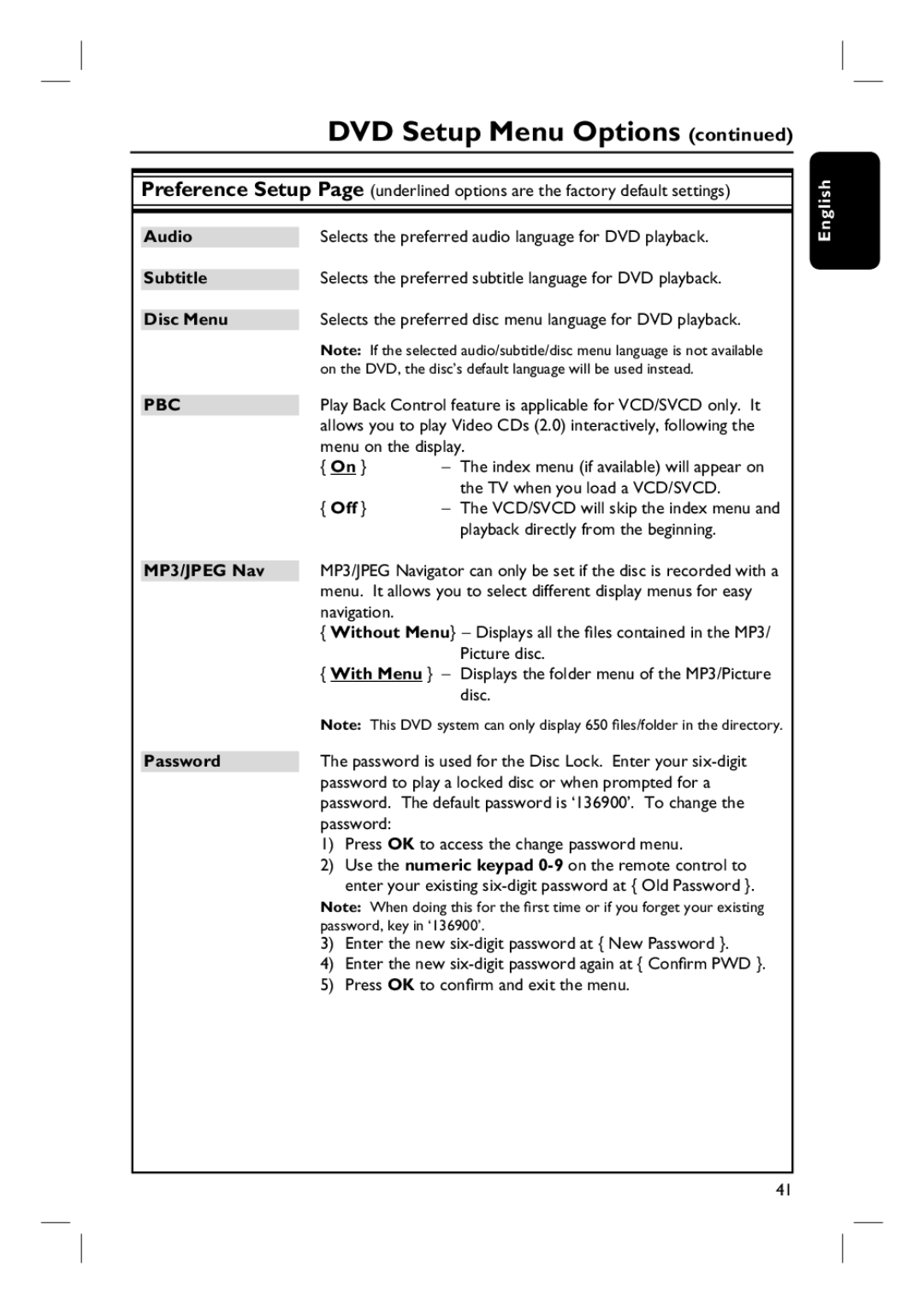 Philips HTS6510 user manual Off, MP3/JPEG Nav, Password 