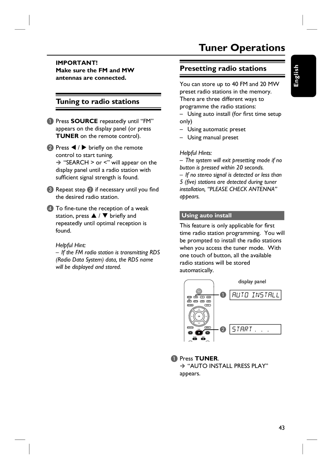 Philips HTS6510 user manual Tuner Operations, Tuning to radio stations, Presetting radio stations, Using auto install 