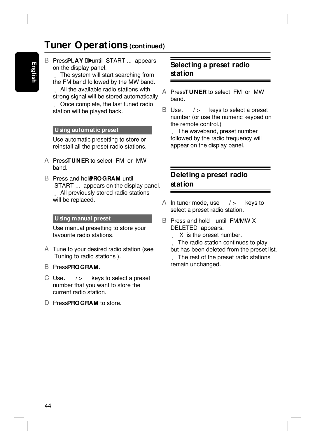 Philips HTS6510 user manual Selecting a preset radio station, Deleting a preset radio station, Using automatic preset 