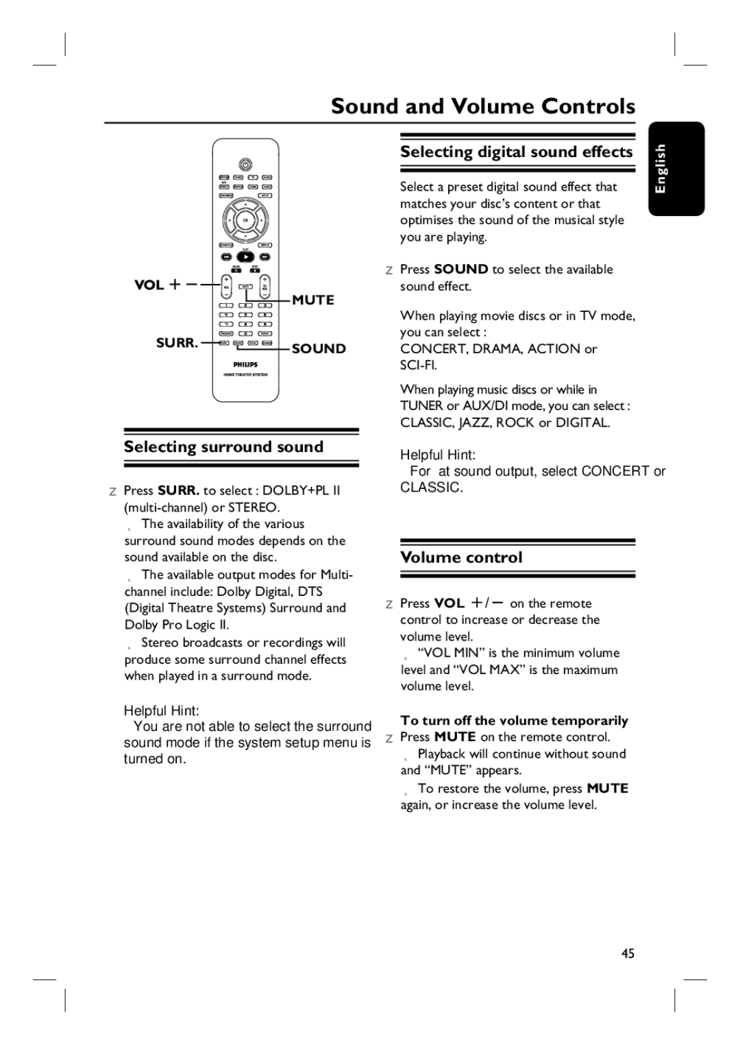 Philips HTS6510 Sound and Volume Controls, Selecting surround sound, Selecting digital sound effects, Volume control 