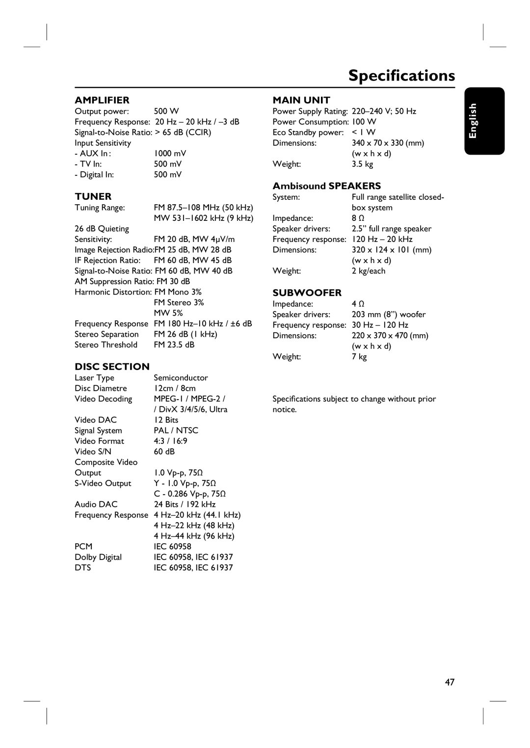 Philips HTS6510 user manual Specifications, Ambisound Speakers 