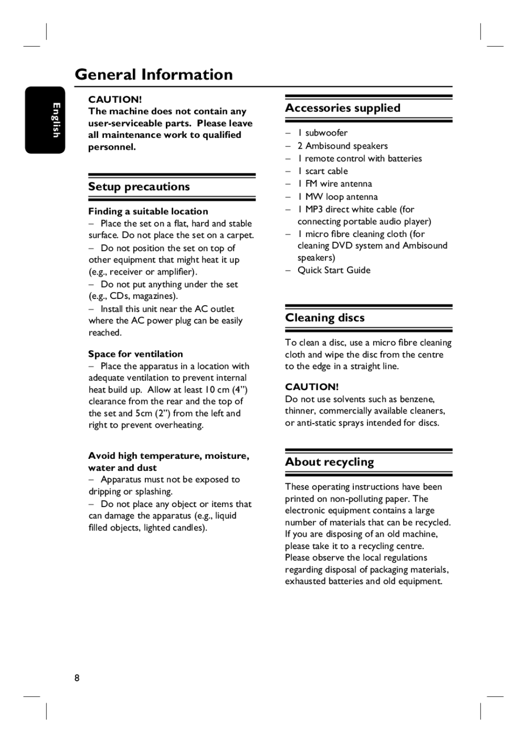 Philips HTS6510 user manual General Information, Setup precautions, Accessories supplied, Cleaning discs, About recycling 