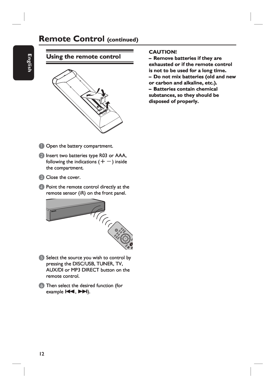 Philips HTS6510 user manual Using the remote control, Remote Control continued, English 