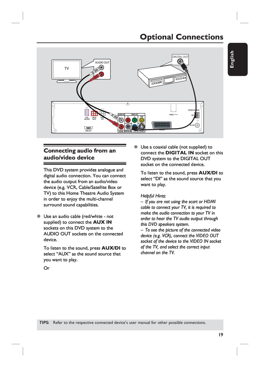 Philips HTS6510 user manual Optional Connections, Connecting audio from an audio/video device, English, Helpful Hints 