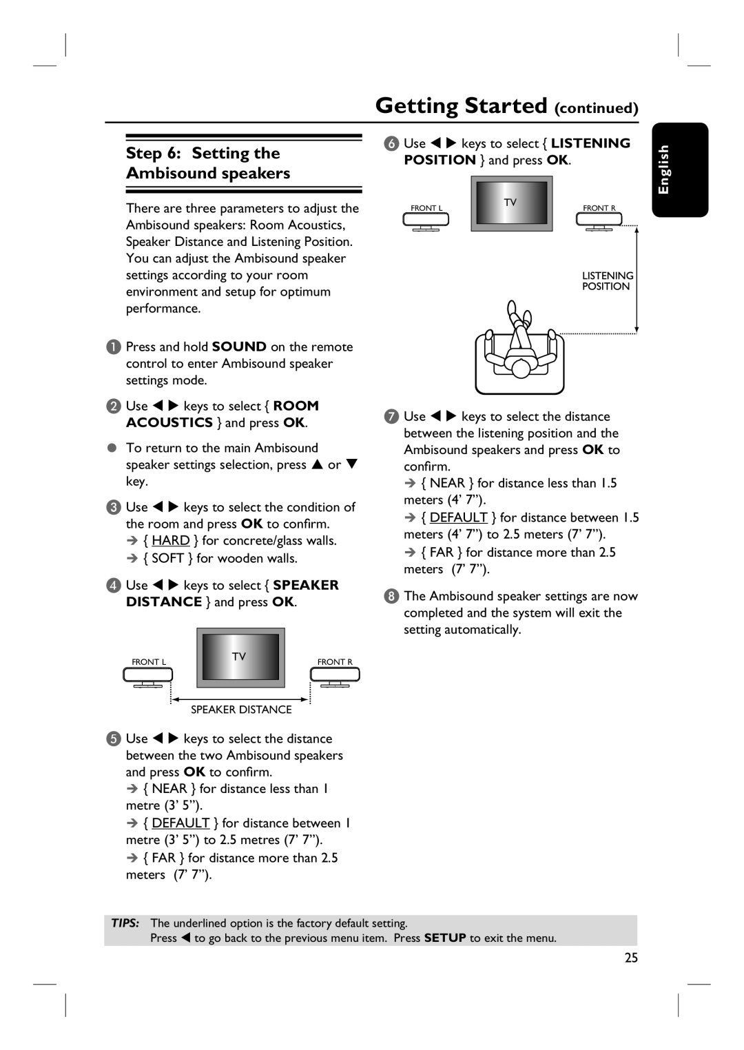 Philips HTS6510 user manual Setting the Ambisound speakers, Getting Started continued, English 