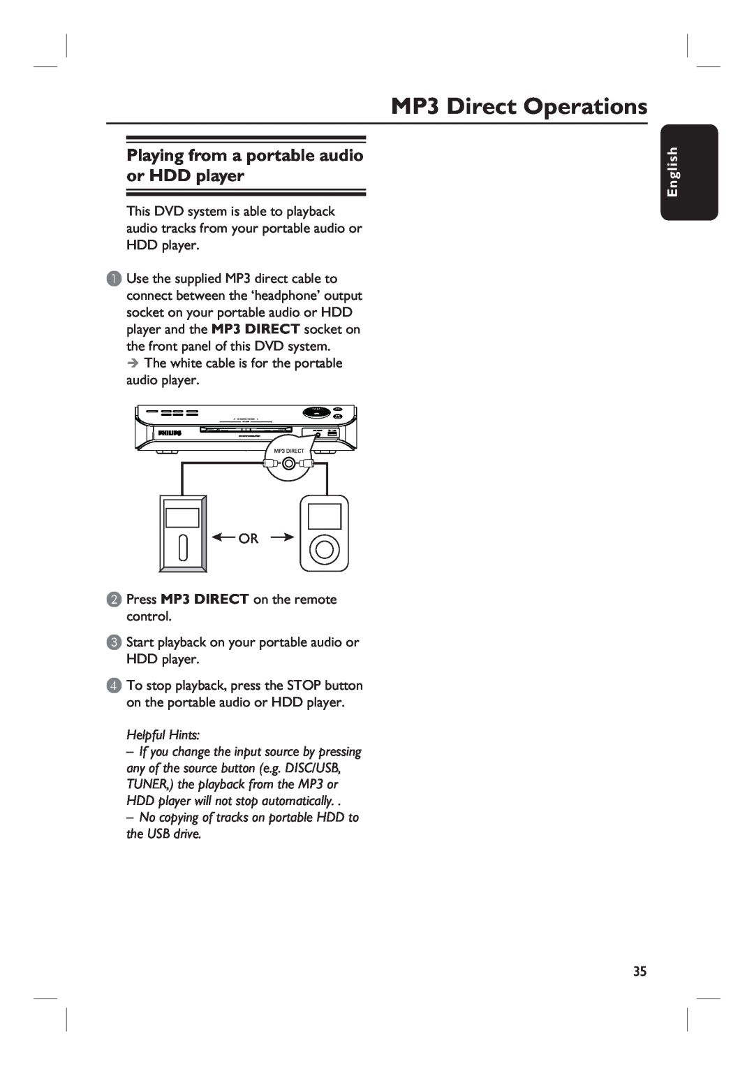 Philips HTS6510 user manual MP3 Direct Operations, Playing from a portable audio or HDD player, Helpful Hints, English 