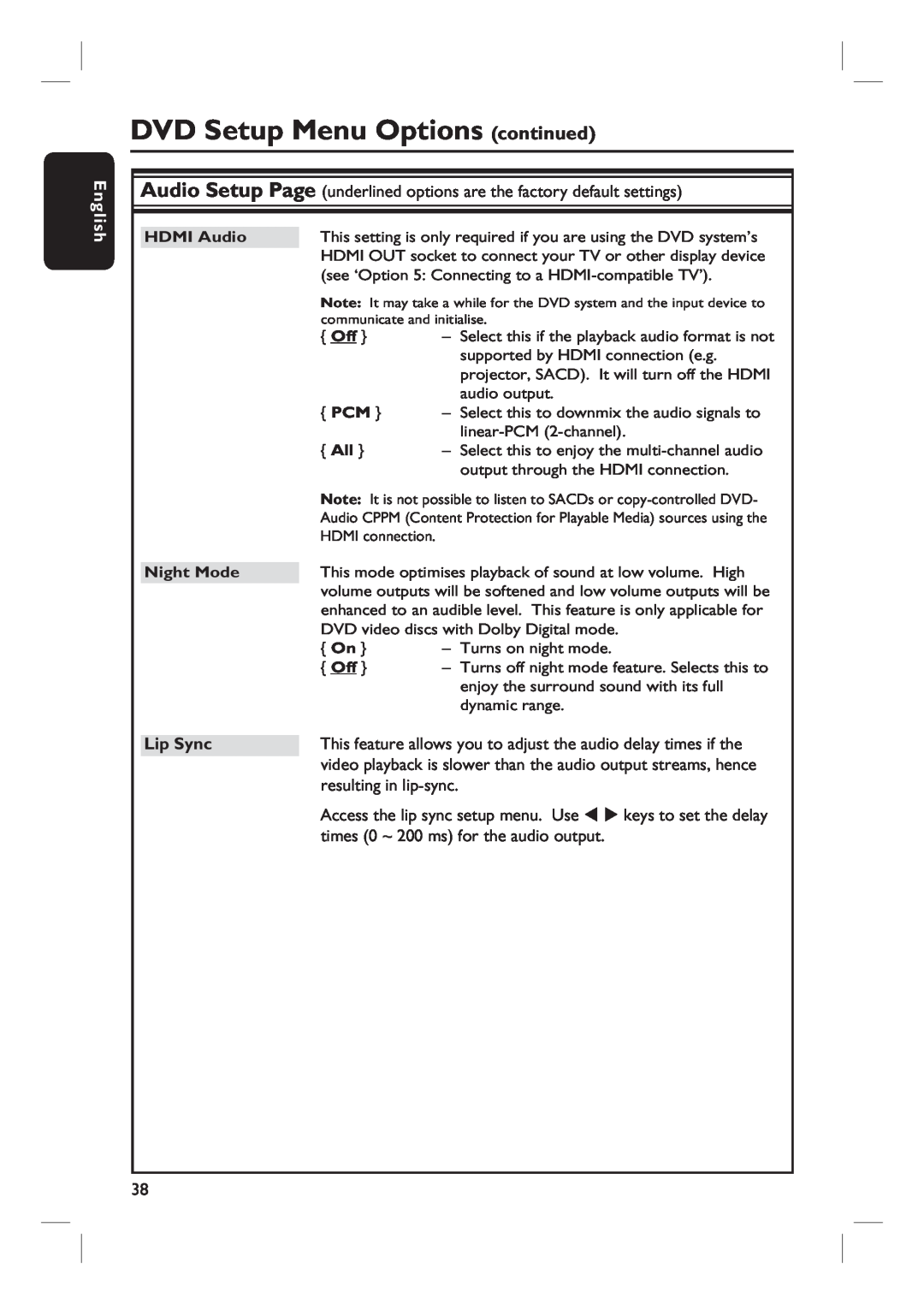 Philips HTS6510 user manual Lip Sync, DVD Setup Menu Options continued, English 
