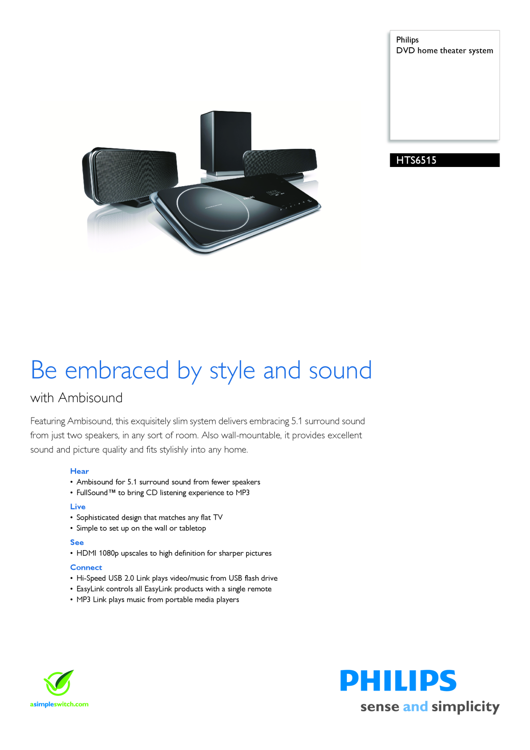 Philips HTS6515/98 manual Be embraced by style and sound, with Ambisound 