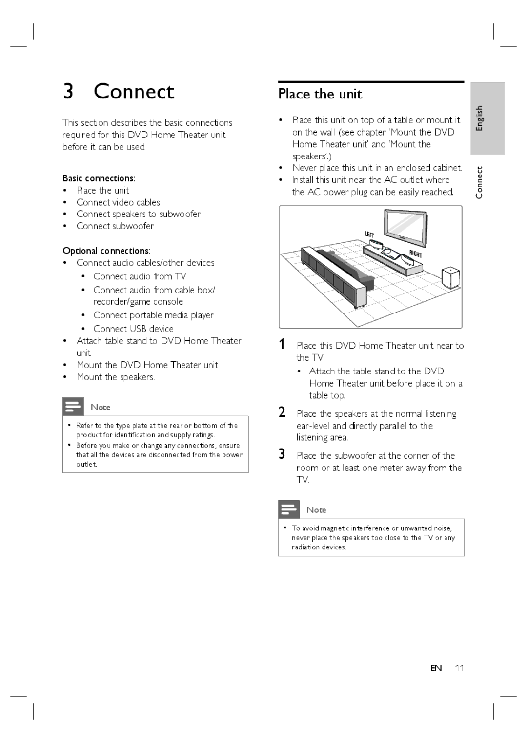 Philips HTS6515D quick start Connect, Place the unit, Place this unit on top of a table or mount it 