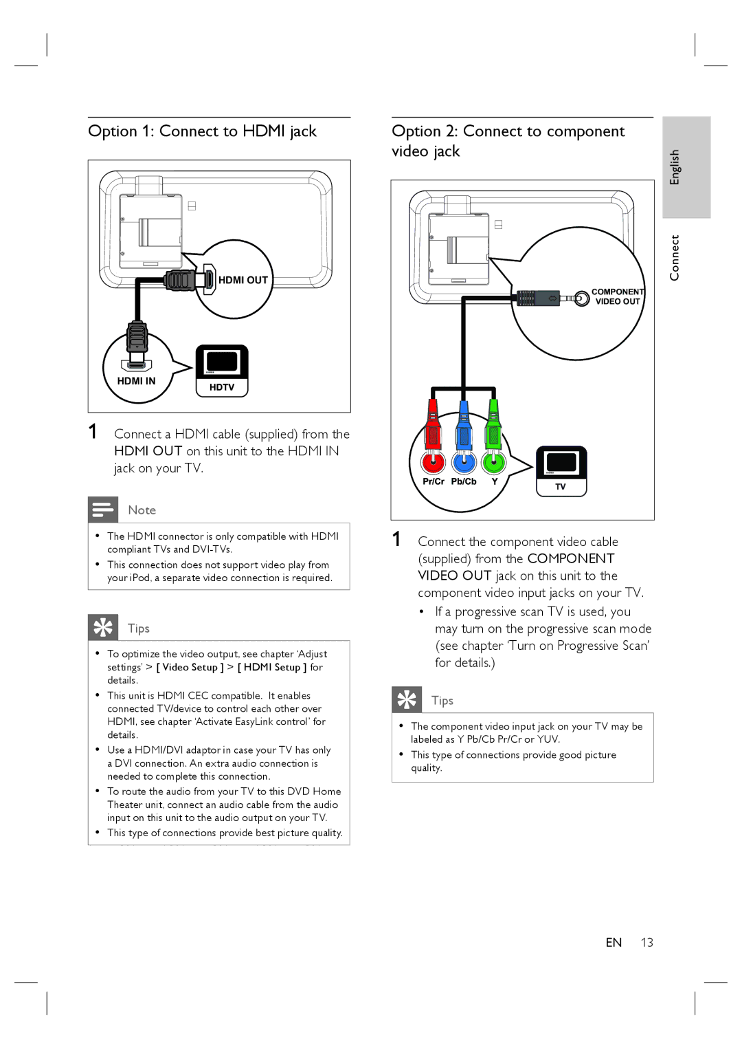 Philips HTS6515D quick start Option 1 Connect to Hdmi jack, Option 2 Connect to component video jack 