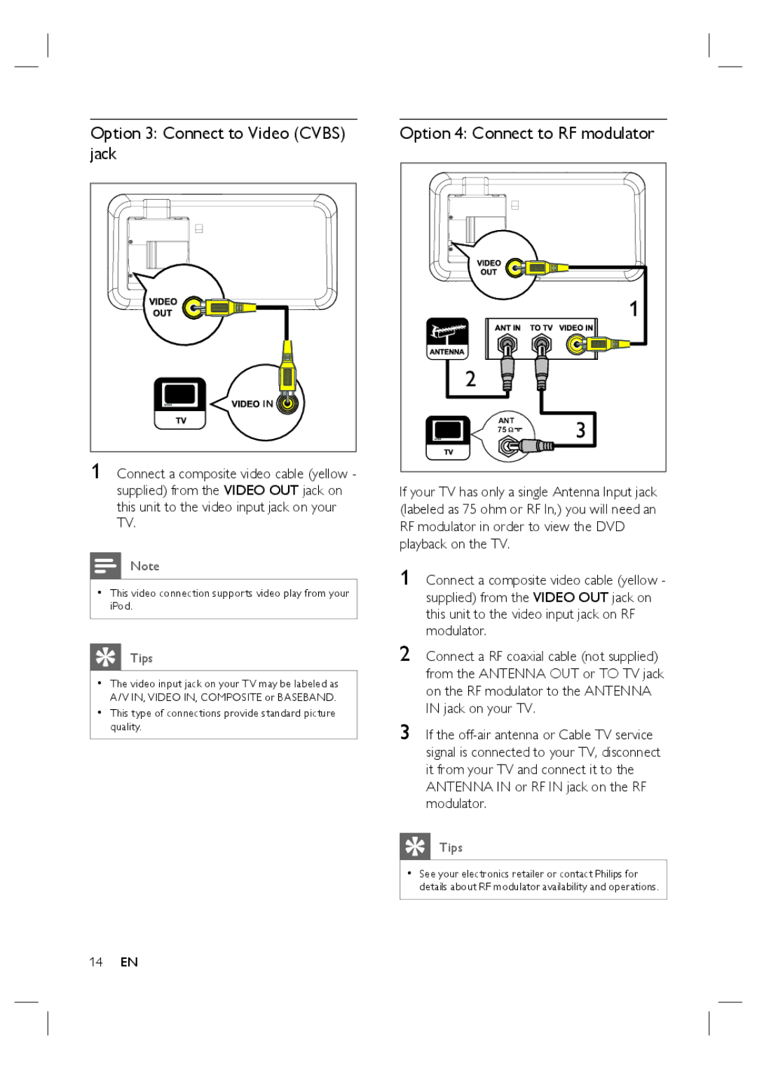 Philips HTS6515D quick start Option 3 Connect to Video Cvbs jack, Option 4 Connect to RF modulator 