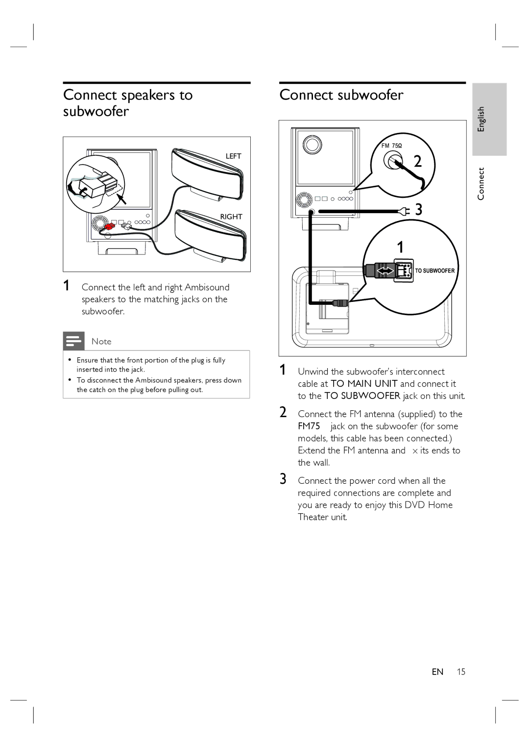 Philips HTS6515D quick start Connect speakers to subwoofer, Connect subwoofer 
