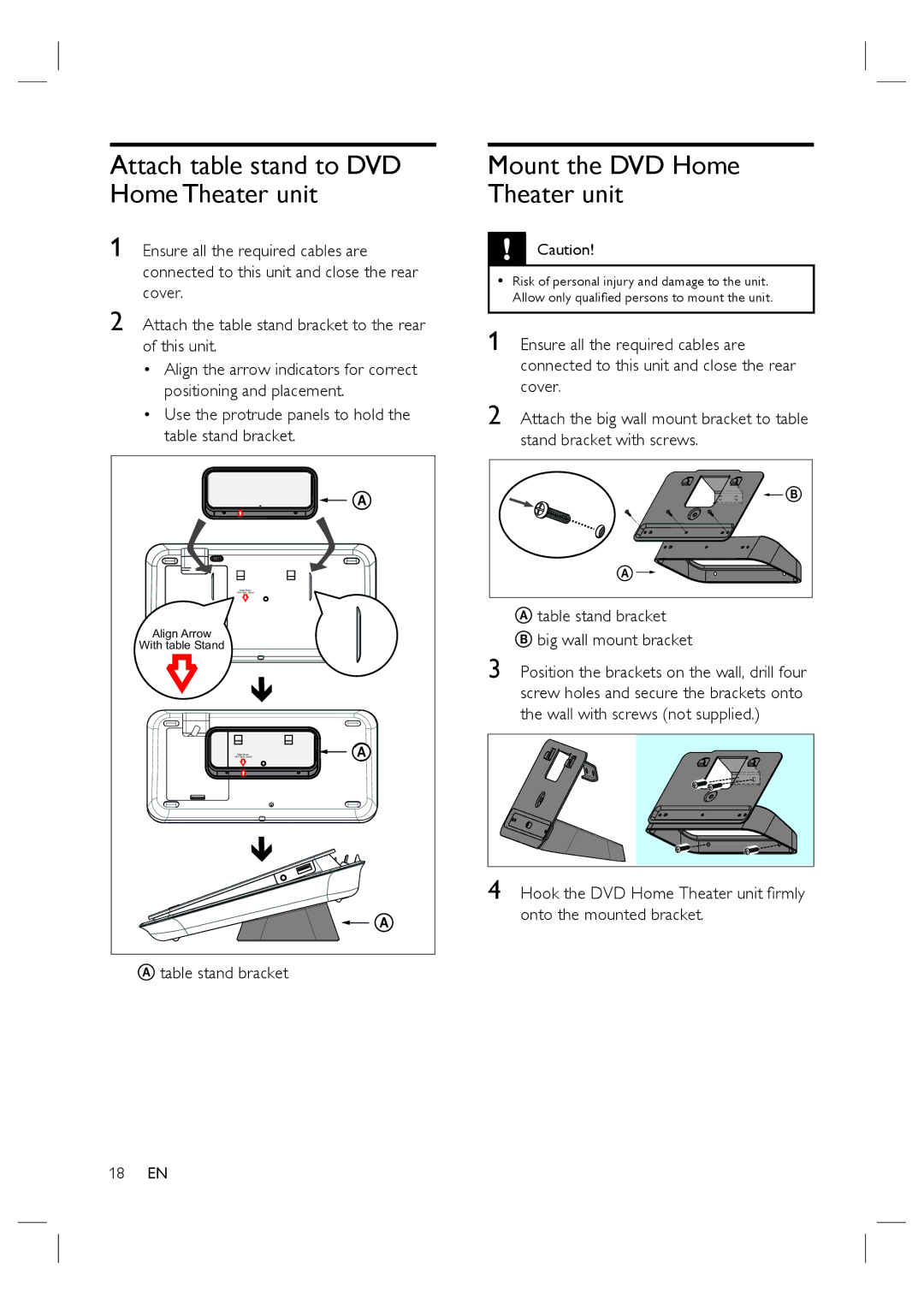 Philips HTS6515D Attach table stand to DVD Home Theater unit, Mount the DVD Home Theater unit, Table stand bracket 