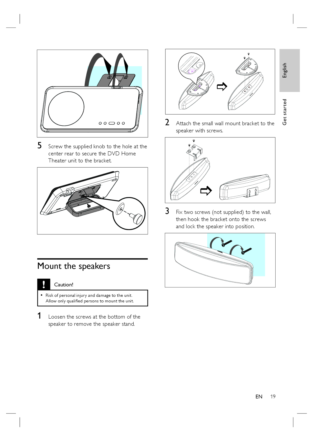 Philips HTS6515D quick start Mount the speakers 