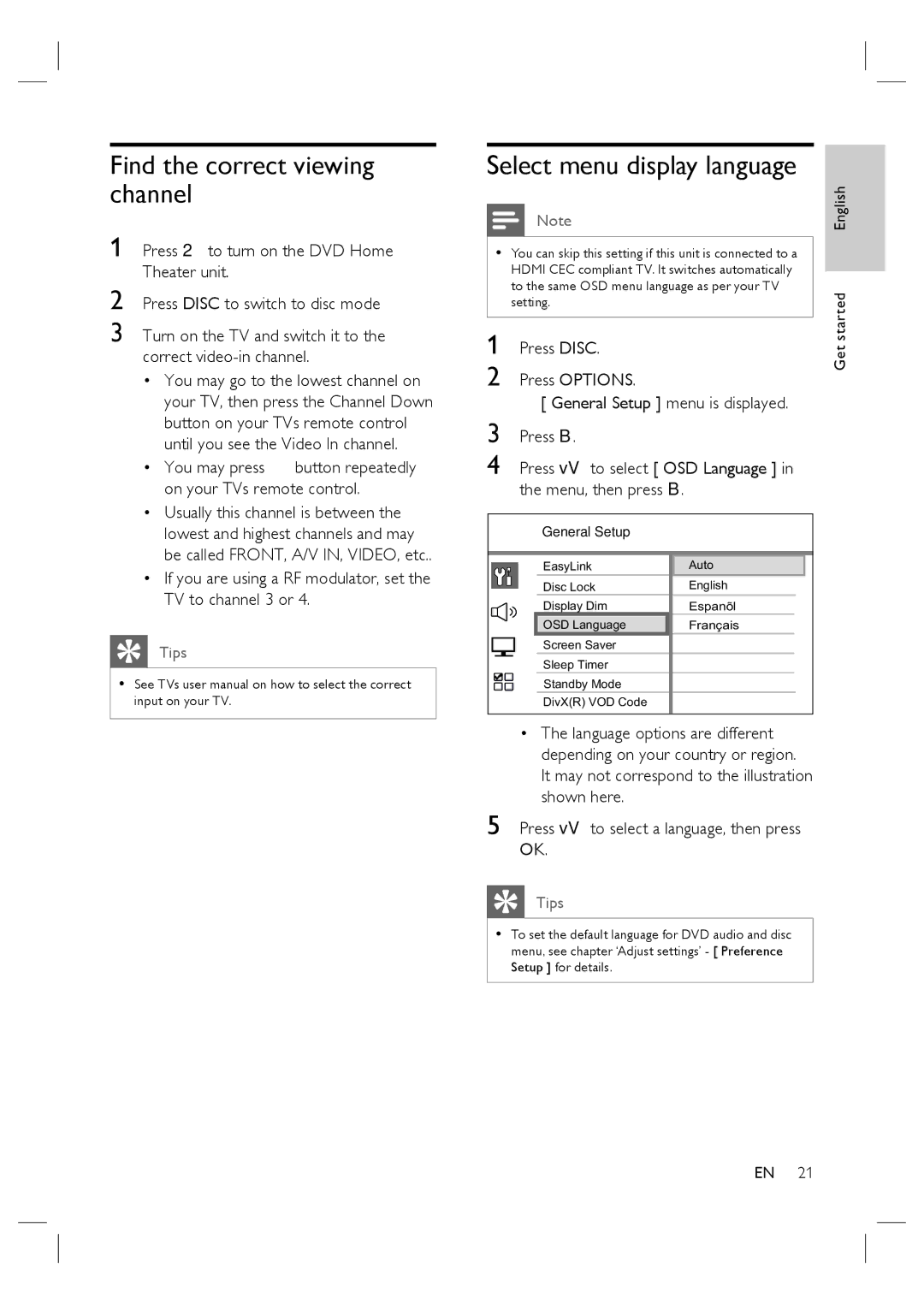 Philips HTS6515D quick start Find the correct viewing channel, If you are using a RF modulator, set the TV to channel 3 or 