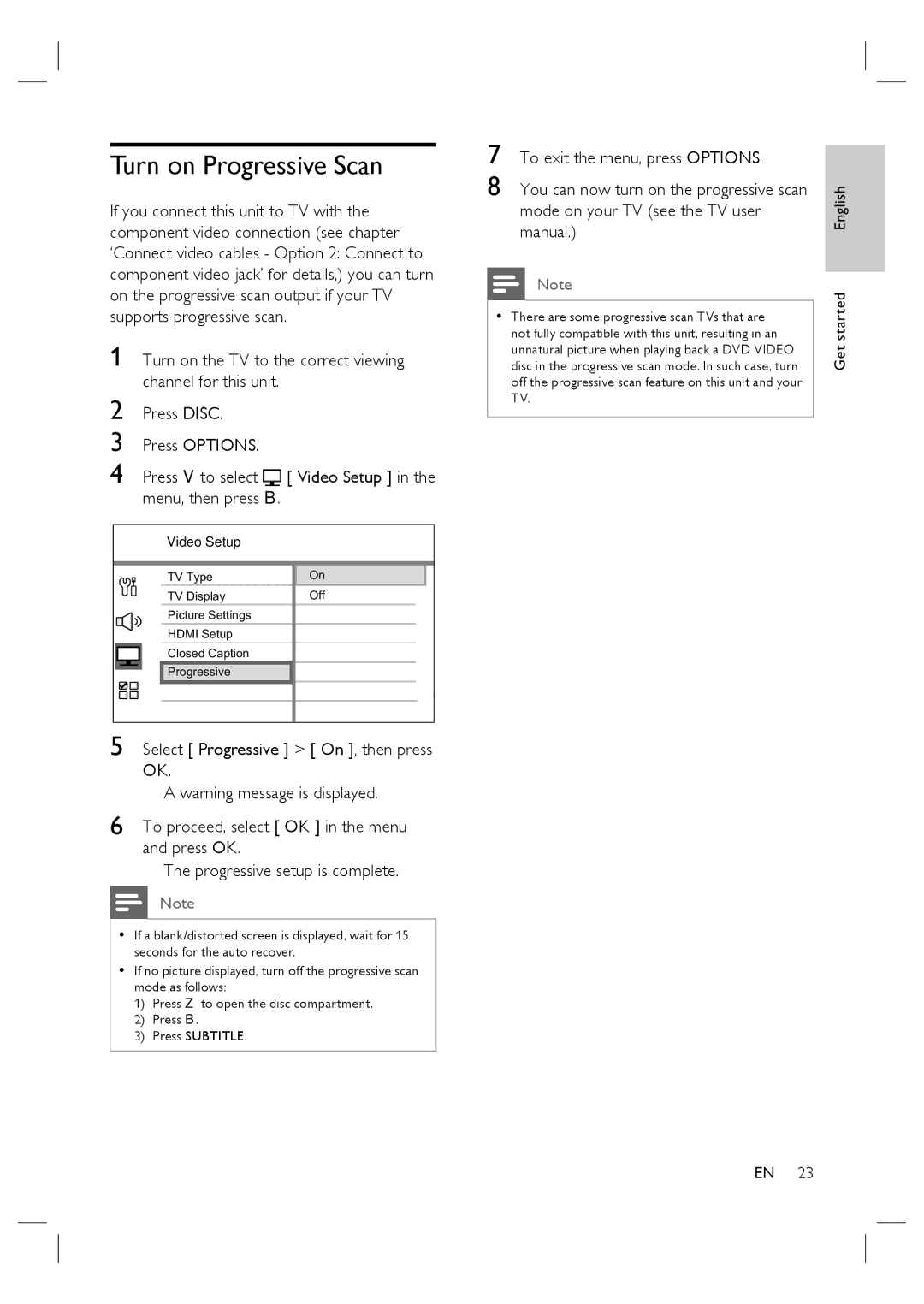 Philips HTS6515D quick start Turn on Progressive Scan 