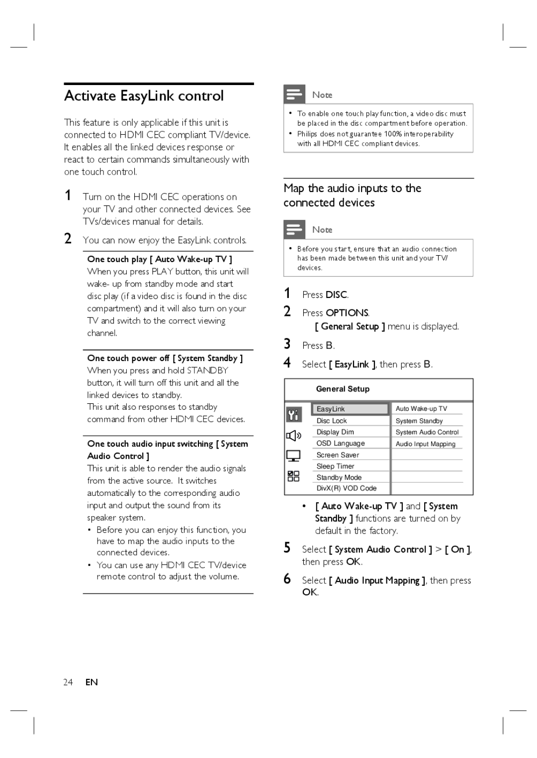 Philips HTS6515D quick start Activate EasyLink control 