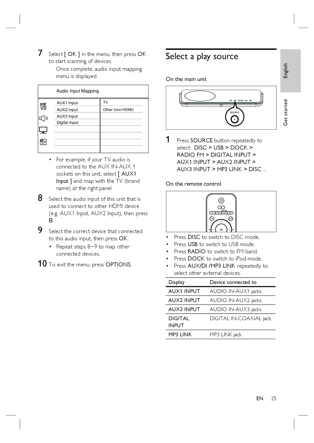 Philips HTS6515D quick start Select a play source, On the main unit, Press Source button repeatedly to select Disc USB Dock 