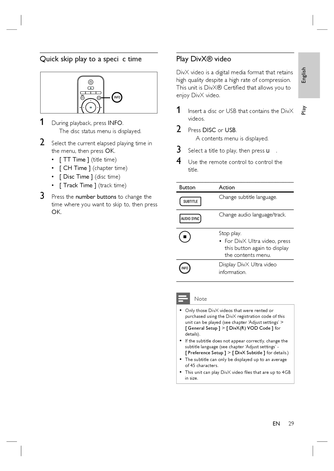 Philips HTS6515D quick start Quick skip play to a speciﬁc time, Play DivX video 