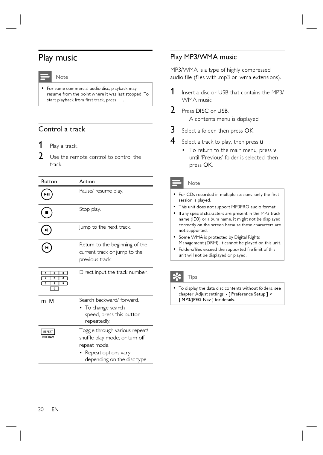 Philips HTS6515D quick start Play music, Control a track, Play MP3/WMA music, Use the remote control to control the track 