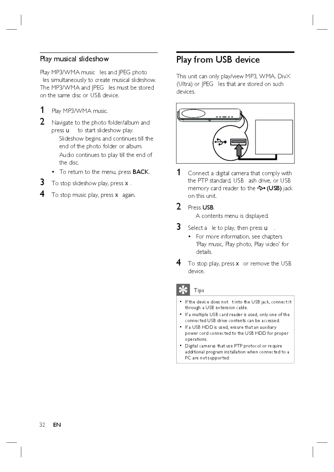 Philips HTS6515D quick start Play from USB device, Play musical slideshow, Play MP3/WMA music ﬁles and Jpeg photo 