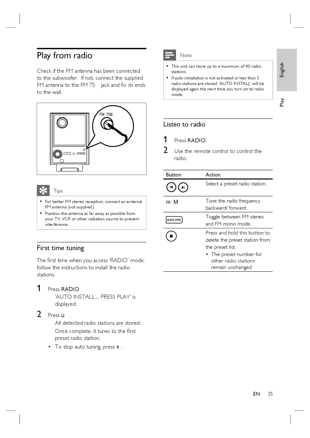 Philips HTS6515D Play from radio, First time tuning, Listen to radio, Use the remote control to control the radio 