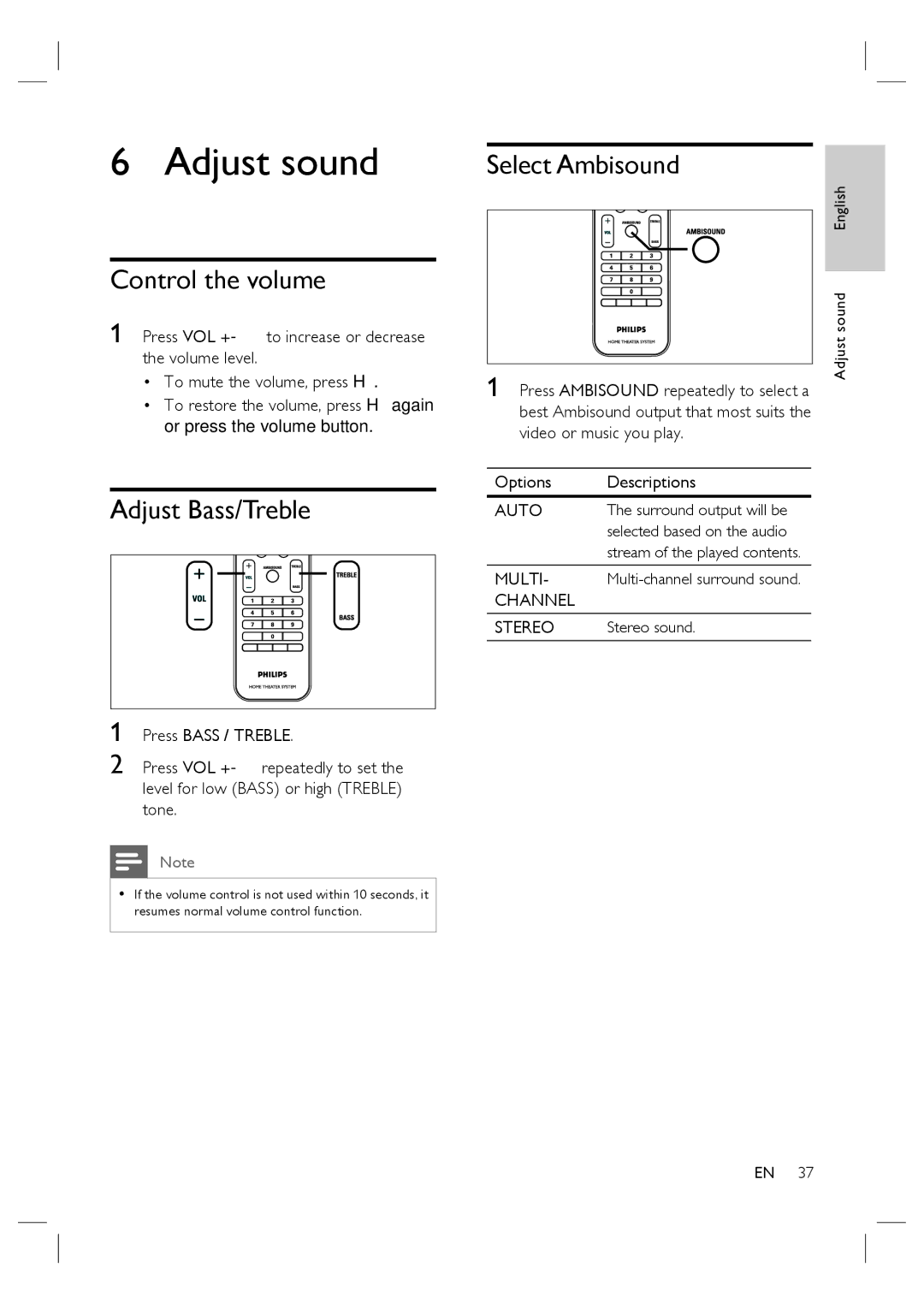 Philips HTS6515D quick start Adjust sound, Control the volume, Adjust Bass/Treble, Select Ambisound, Options Descriptions 